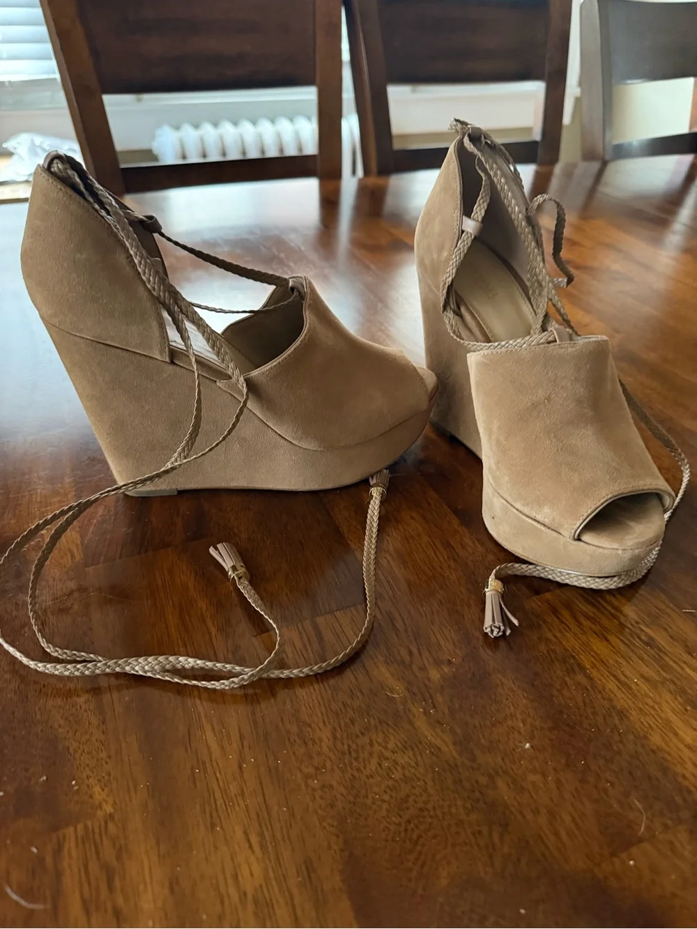 MICHAEL Michael Kors Tan Suede Peep-Toe Platform Sandals with Braided Ankle Ties